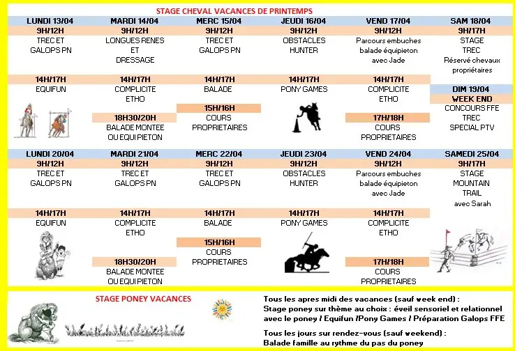 Planning vacances de printemps au Clos Yakari